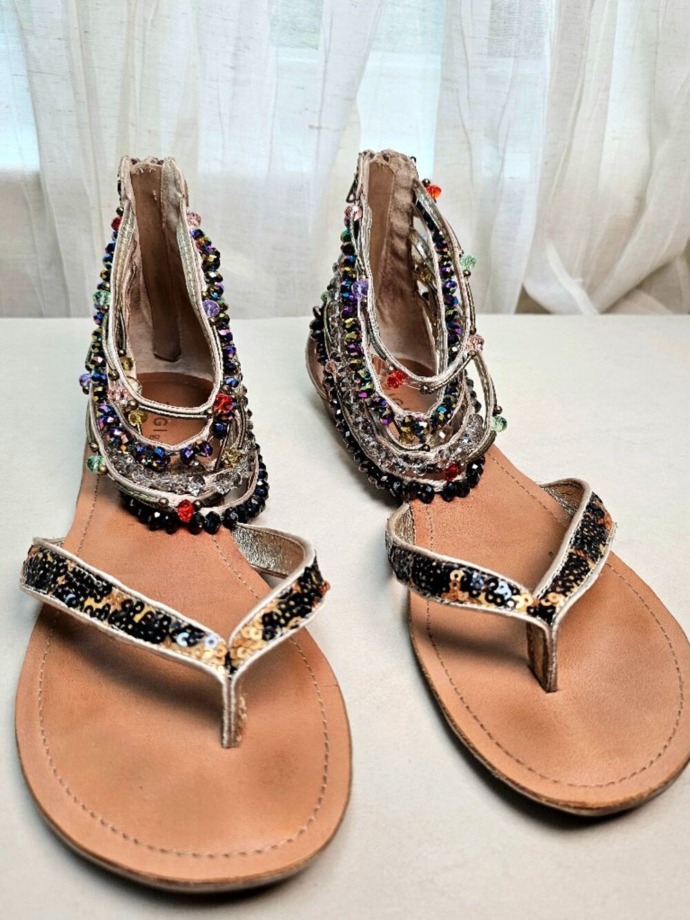 ZIGI Girl Femme Crystal Gladiator Sandals Size 10 Champagne Beaded Flat Sandals - Picture 4 of 14